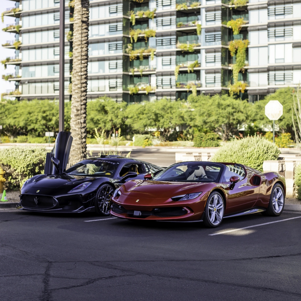 Ferrari 296 GTS in dark maroon and black Maserati MC20 with butterfly doors open, parked at Scottsdale luxury resort