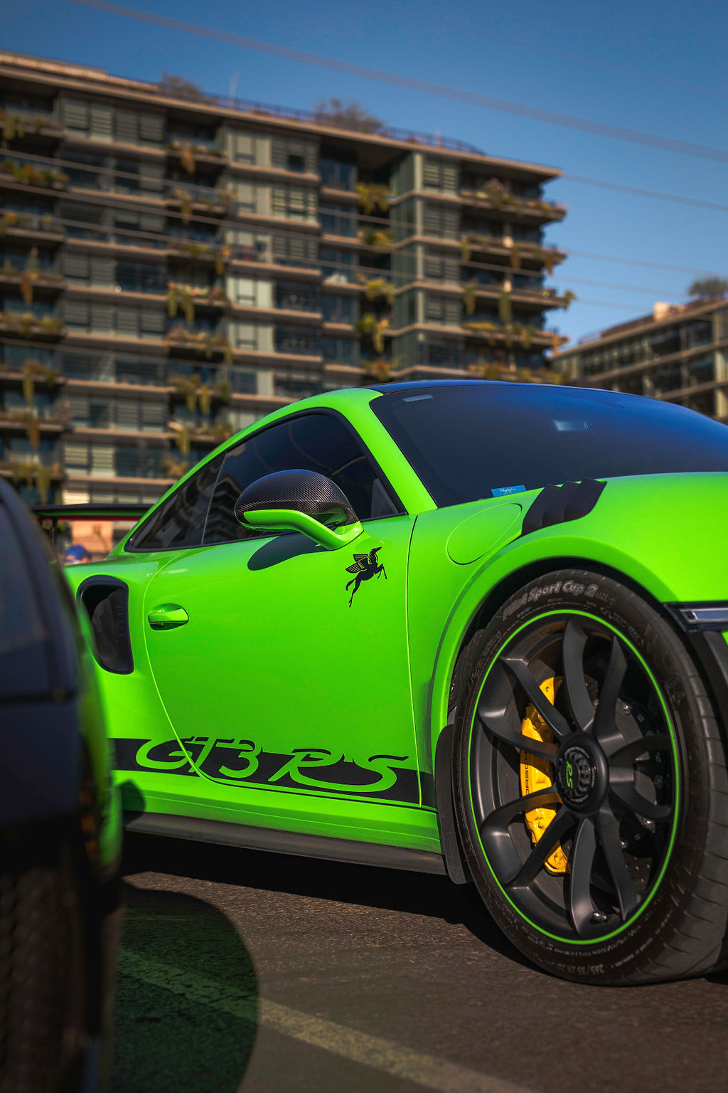Lizard Green Porsche 911 GT3 RS side profile, yellow brake calipers, GT3 RS sill decal